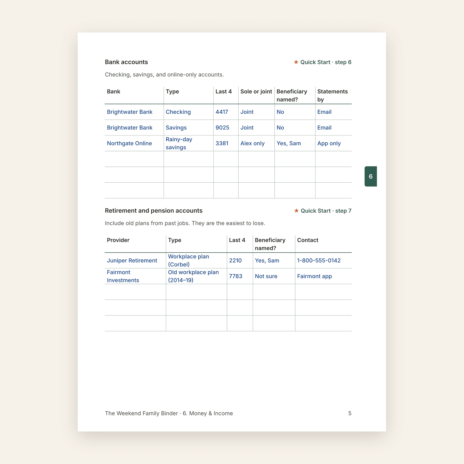 A page of the Money & Income section, filled in for the fictional Rivera family